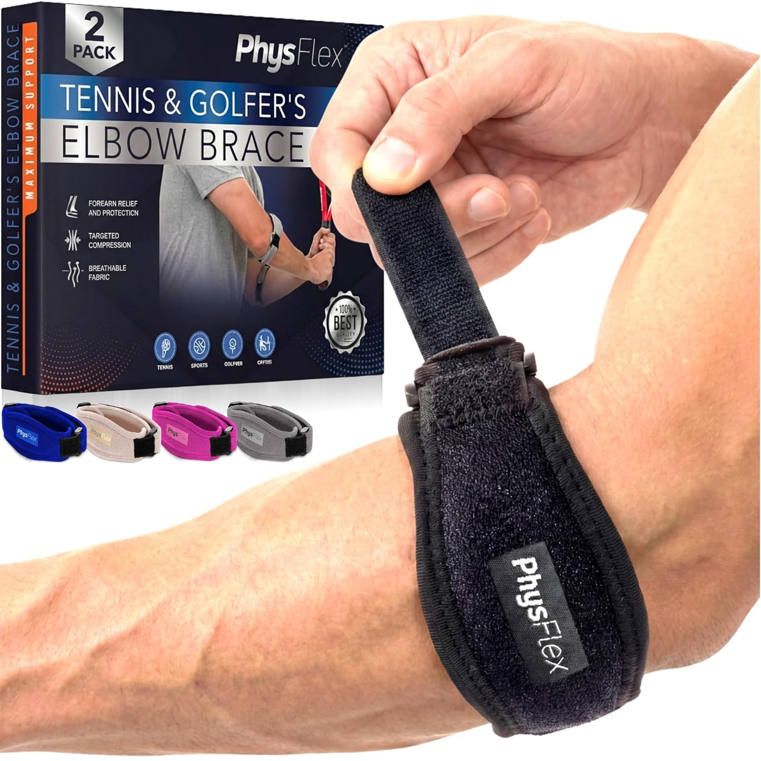 PhysFlex 2-Pack Elbow Brace for Men & Women, Adjustable Tennis & Golfer’s Elbow