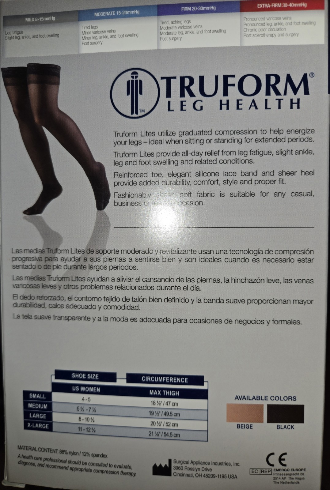 Truform 1764BL-XL Lites 8-15mmHg Thigh High Compression Stockings – Black Sz XL