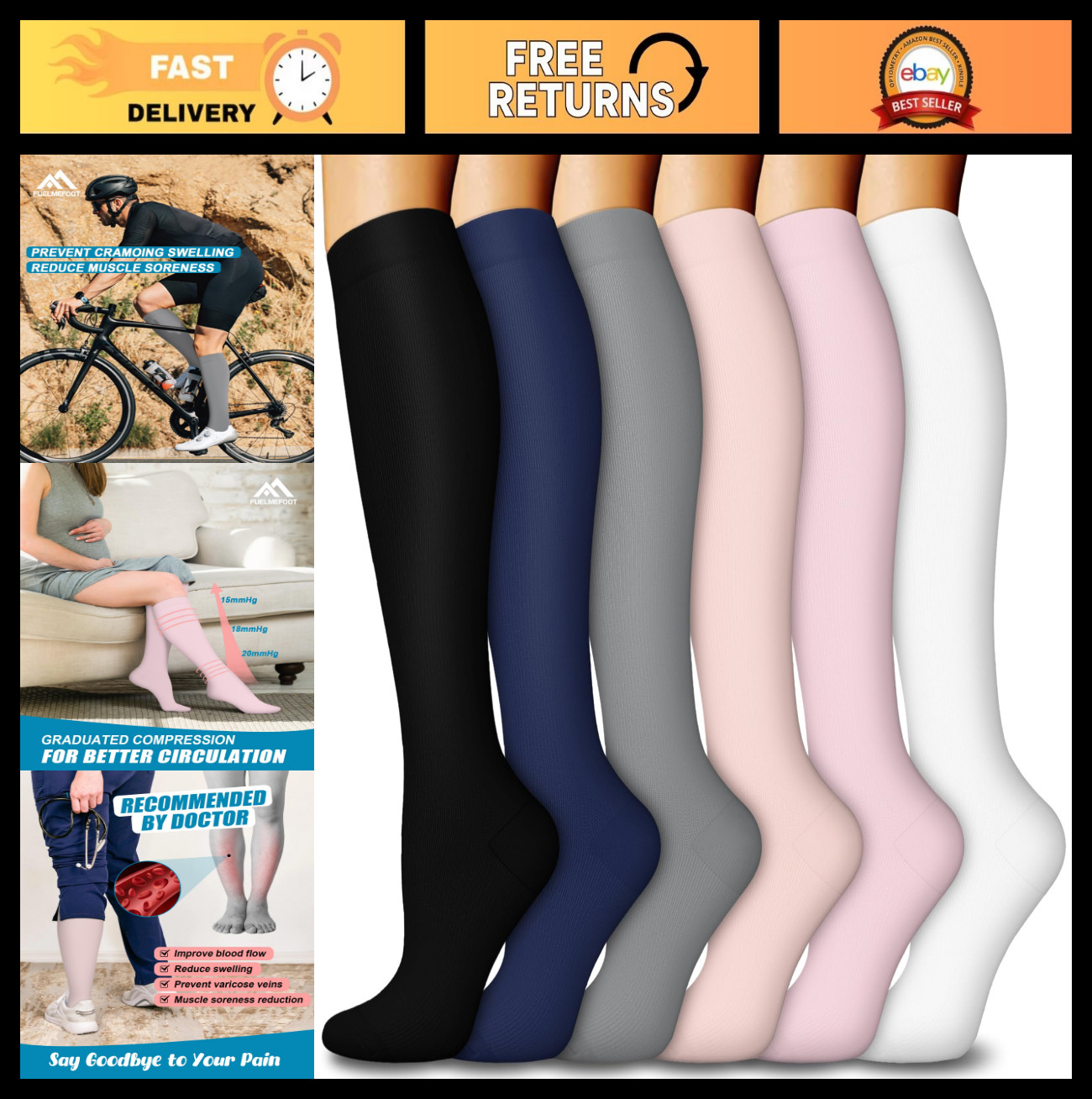 6 Pairs Compression Socks 15-20mmHg Knee High Support for Men & Women, Travel, A