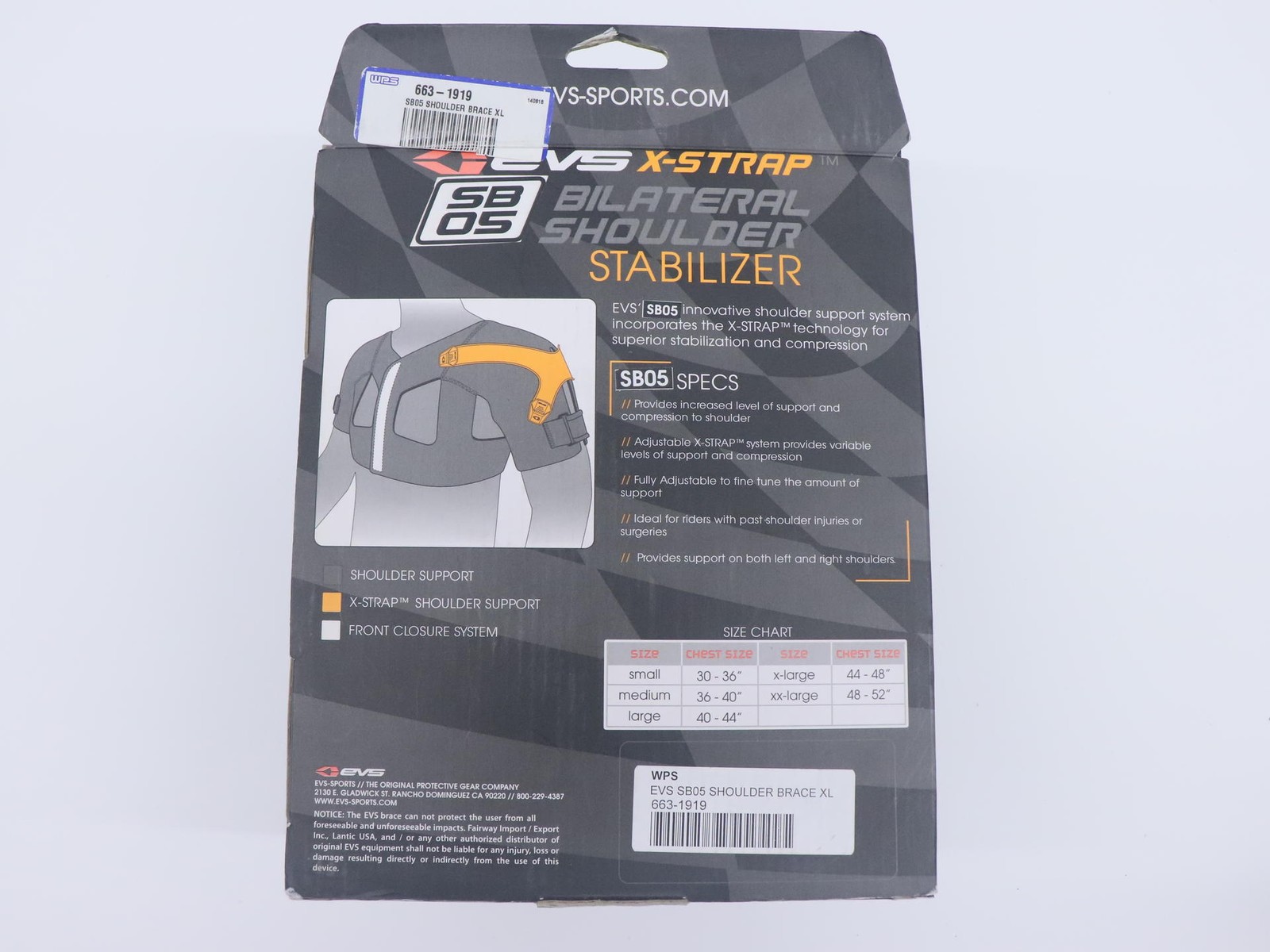 OPEN BOX – EVS X-STRAP Shoulder Support Brace – ADULT XL 44″-48″ – 663-1919