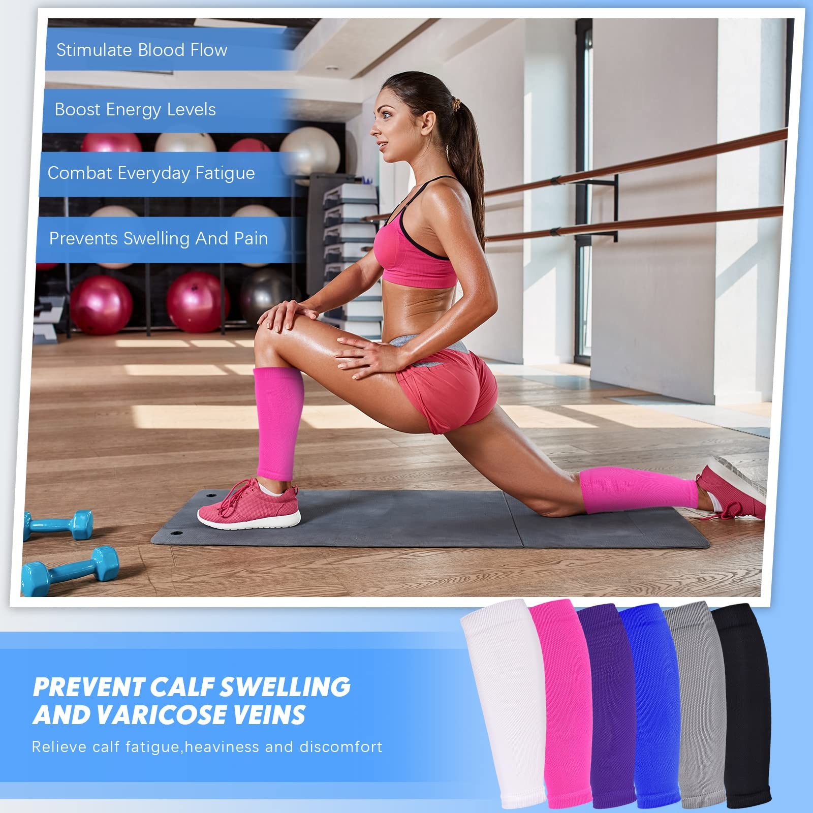 6 Pairs Calf Compression X-Large, White, Black, Gray, Blue, Blue Purple, Pink