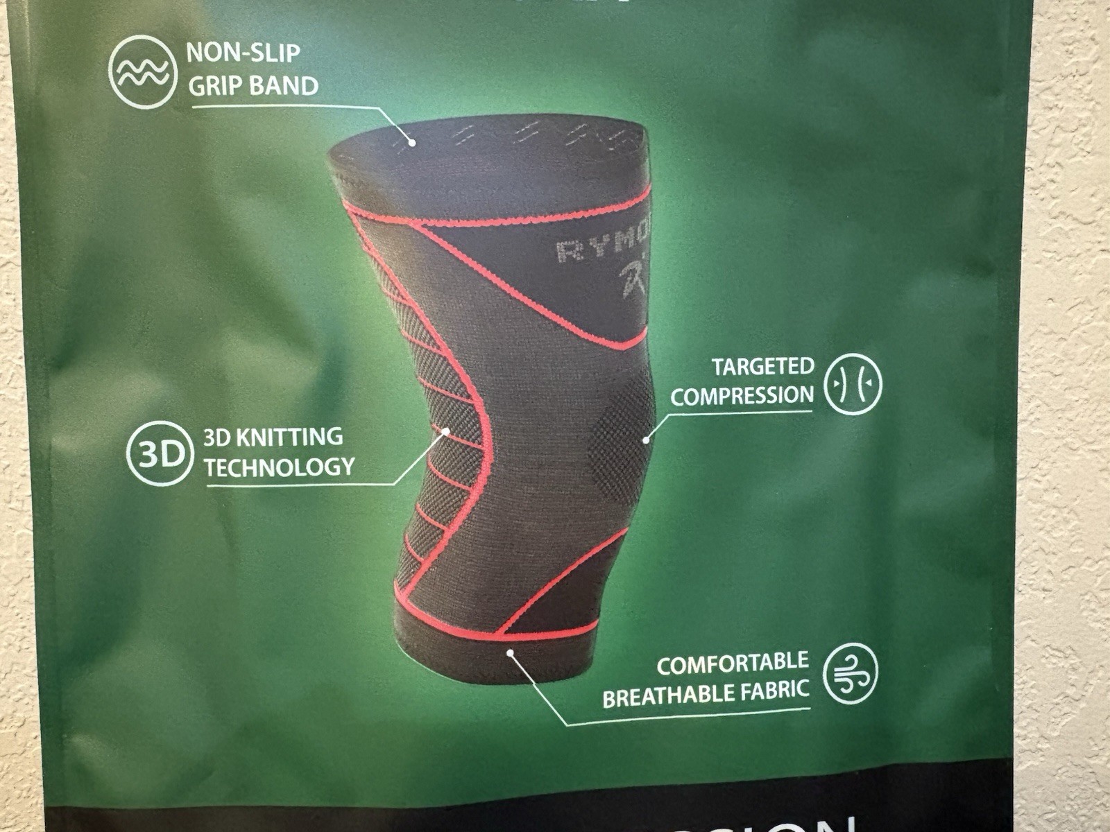 Rymora Knee Compression Support Sleeve SZ Medium New Non-Slip Grip Band 3D Knit
