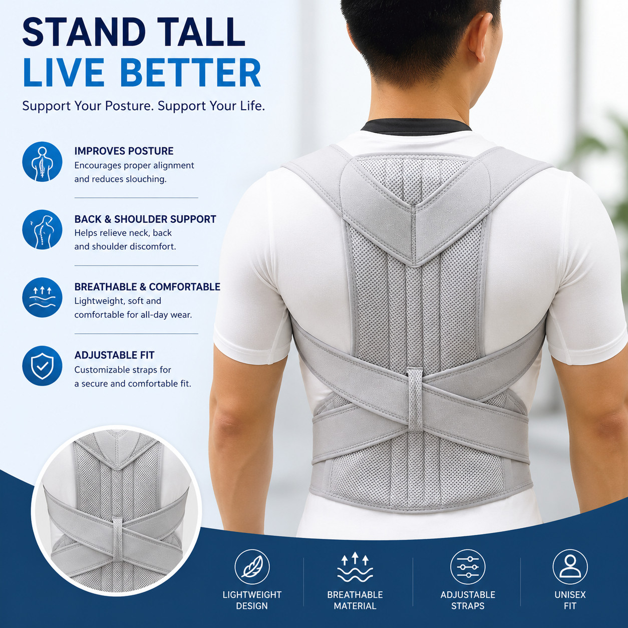 Adjustable Back Posture Brace Shoulder Support Trainer for Men Women Adults