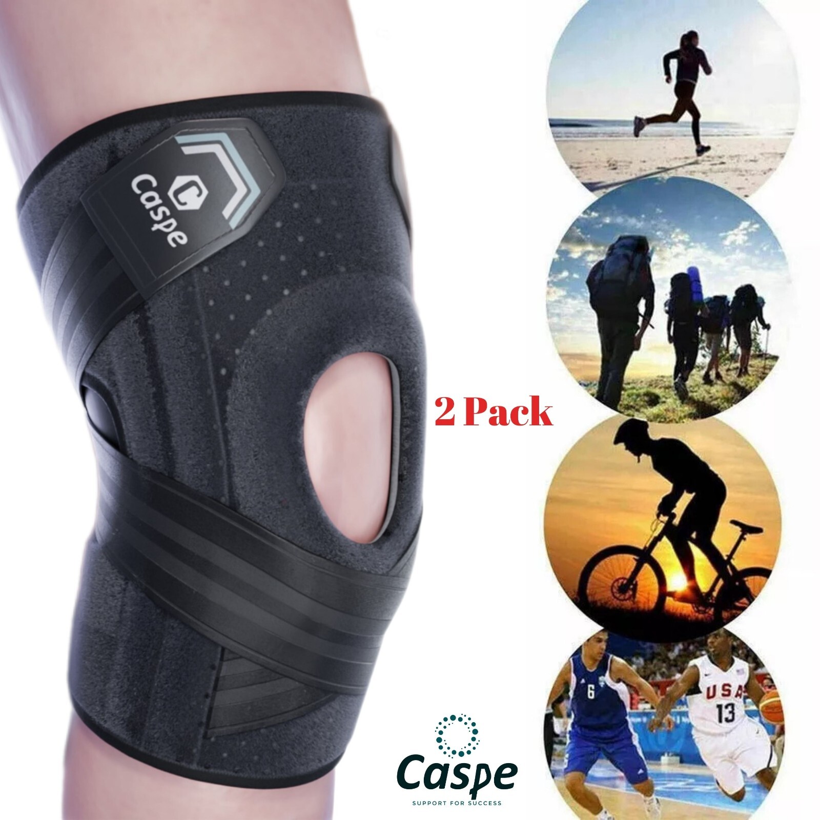 Caspe 2 Pack Adjustable Knee Brace Support Sport Gym Joint Arthritis Relief Gift
