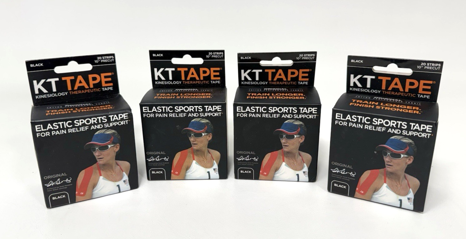 Lot (4) Black KT Tape Original Kinesiology Therapeutic Tape 10″ Precut 20 Strips