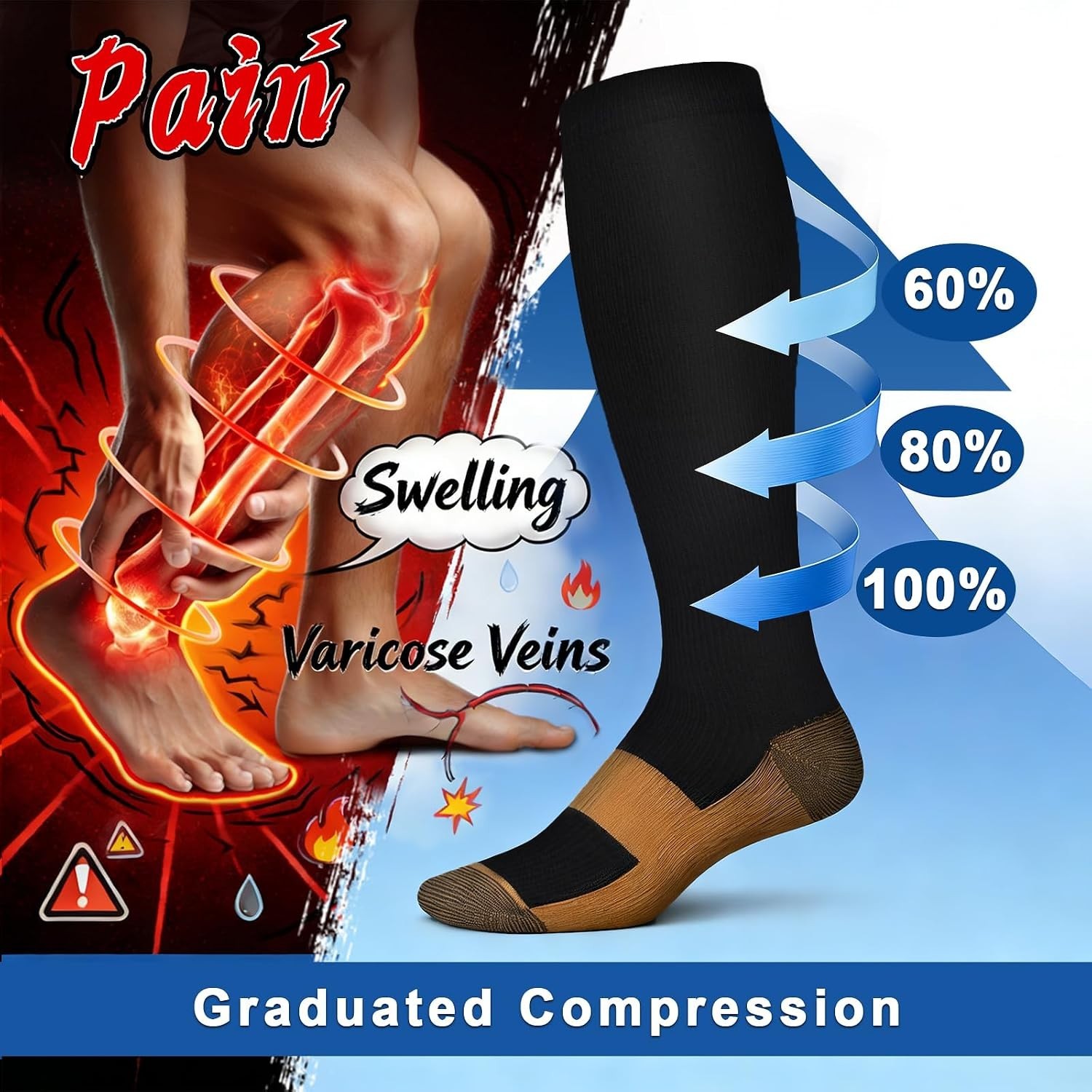 No-Slip Design Compression Socks for Prolonged Comfort | Black Copper 20-30 mmHg