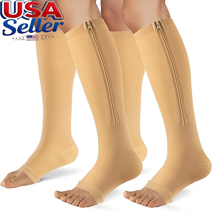 1/3X Zipper Open Toe 15-20mmHg Compression Socks Calf Leg Ankle Support Stocking