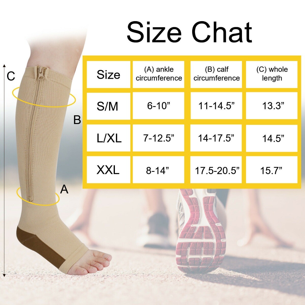 Zipper Compression Calf Leg Shin Support Socks BIG TALL Open Toe 15-20 mmHg US