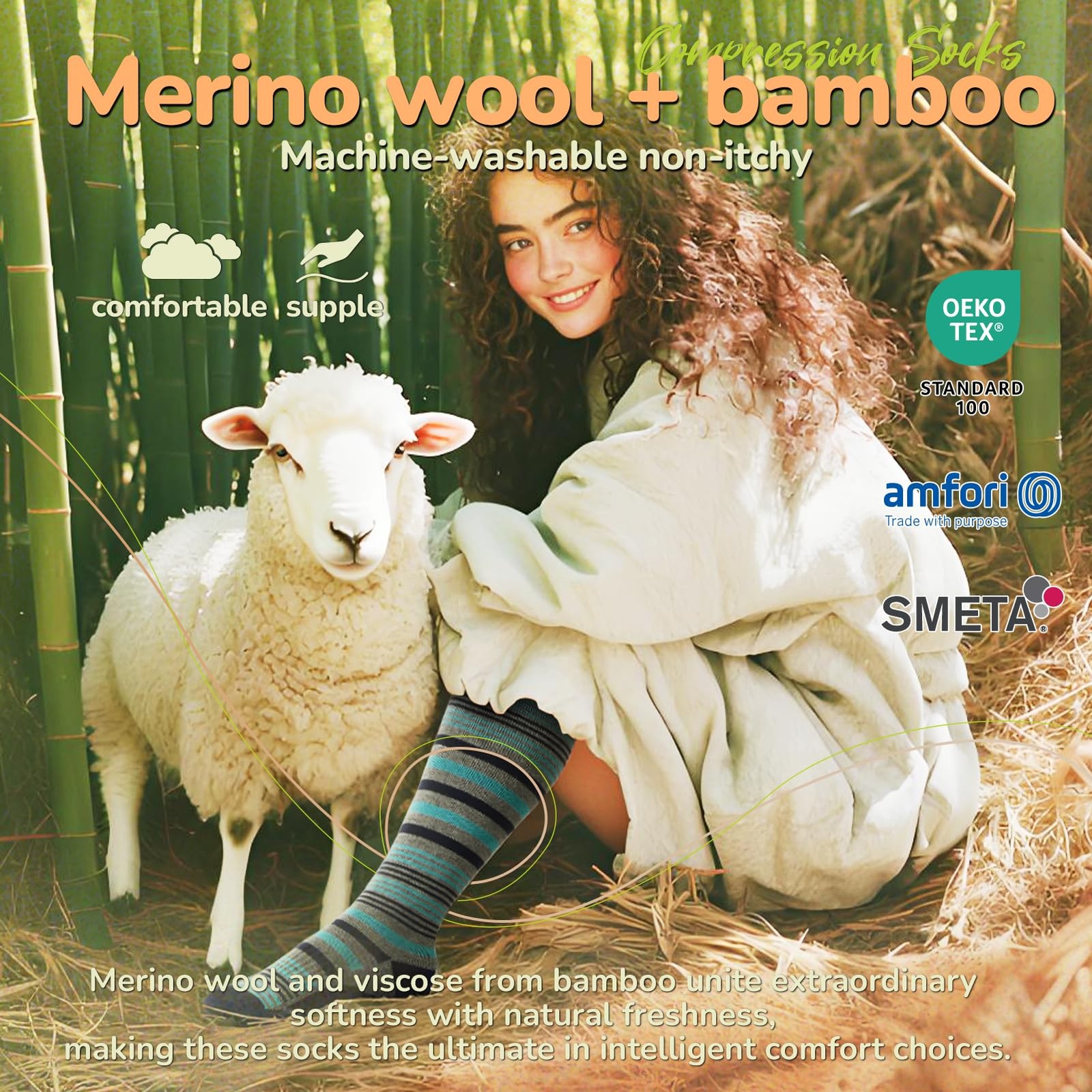 Merino Wool Compression Socks 15~20 mmHg for Women & Men, L/XL Black/White/Gray