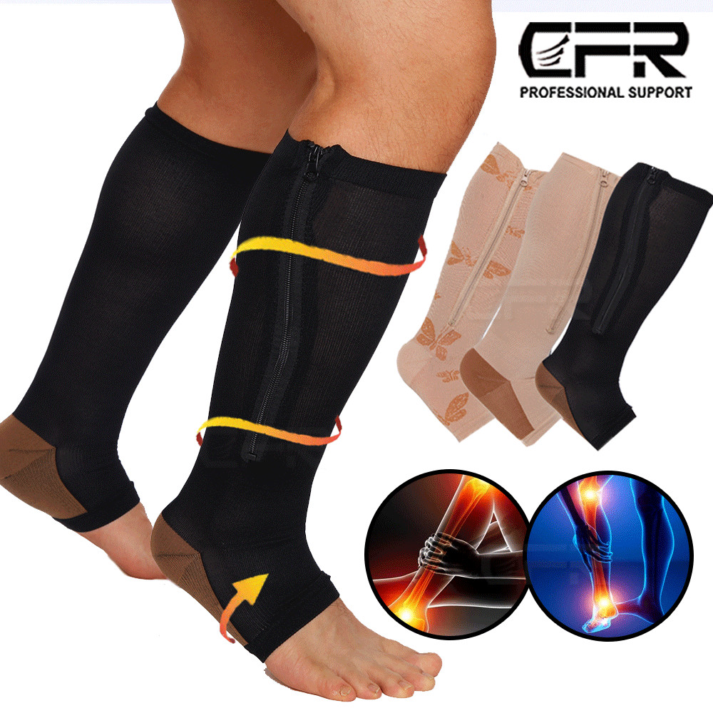 Zipper Compression Socks Womens Mens Knee High 15-20mmHg Medical Toeless Support