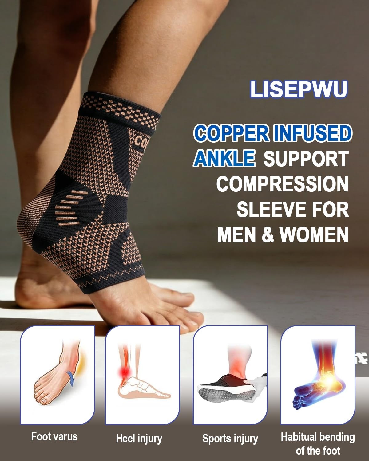 Copper Ankle Brace Support Sleeve for Foot Pain Swelling Sprains Tendonitis