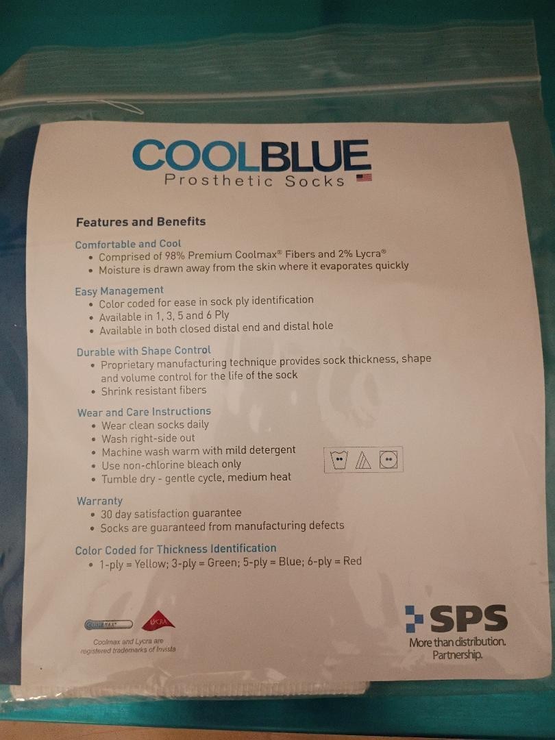 Cool Blue Prosthetic Socks 5 Ply, Size 1, 2 Length 10-14 White Blue Trim NEW