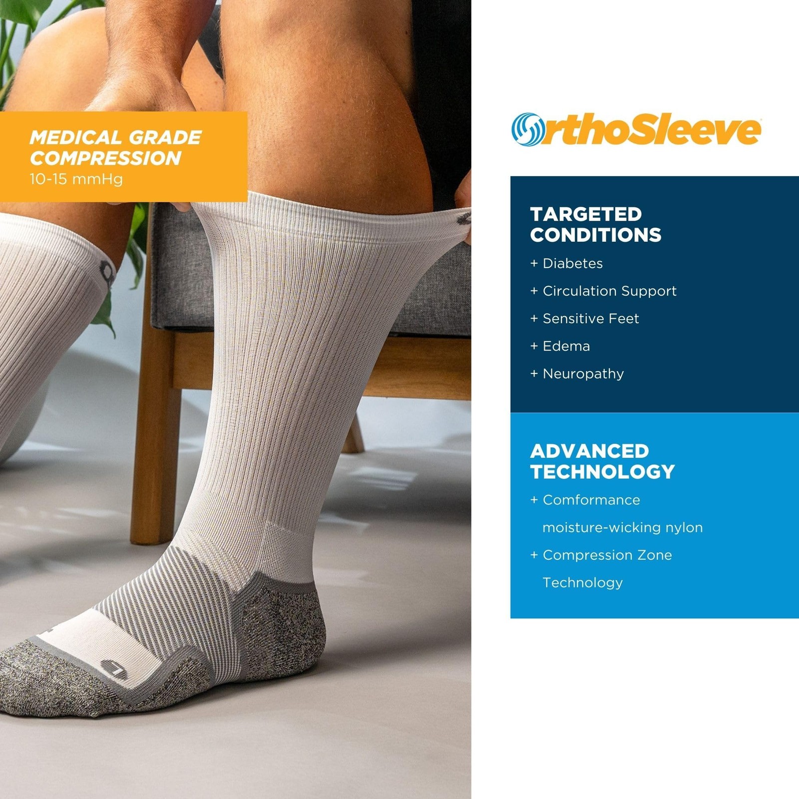 OrthoSleeve WC4 Wide Diabetic & Neuropathy Compression X-Large, White Crew