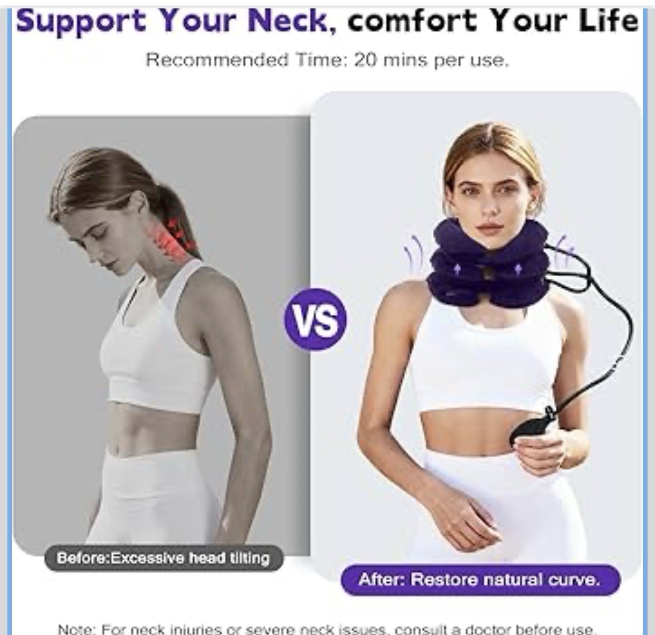 Inflatable Adjustable Neck Traction Cervical Support Collar w/ Hand Pump Purple