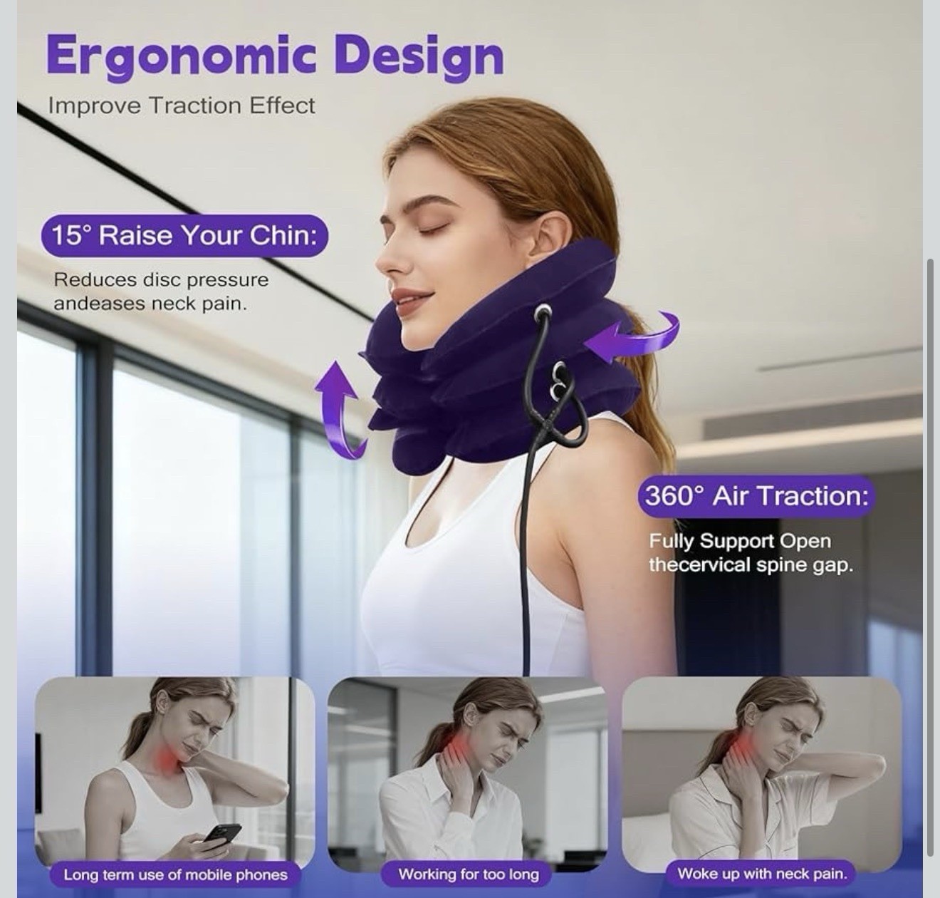 Inflatable Adjustable Neck Traction Cervical Support Collar w/ Hand Pump Purple
