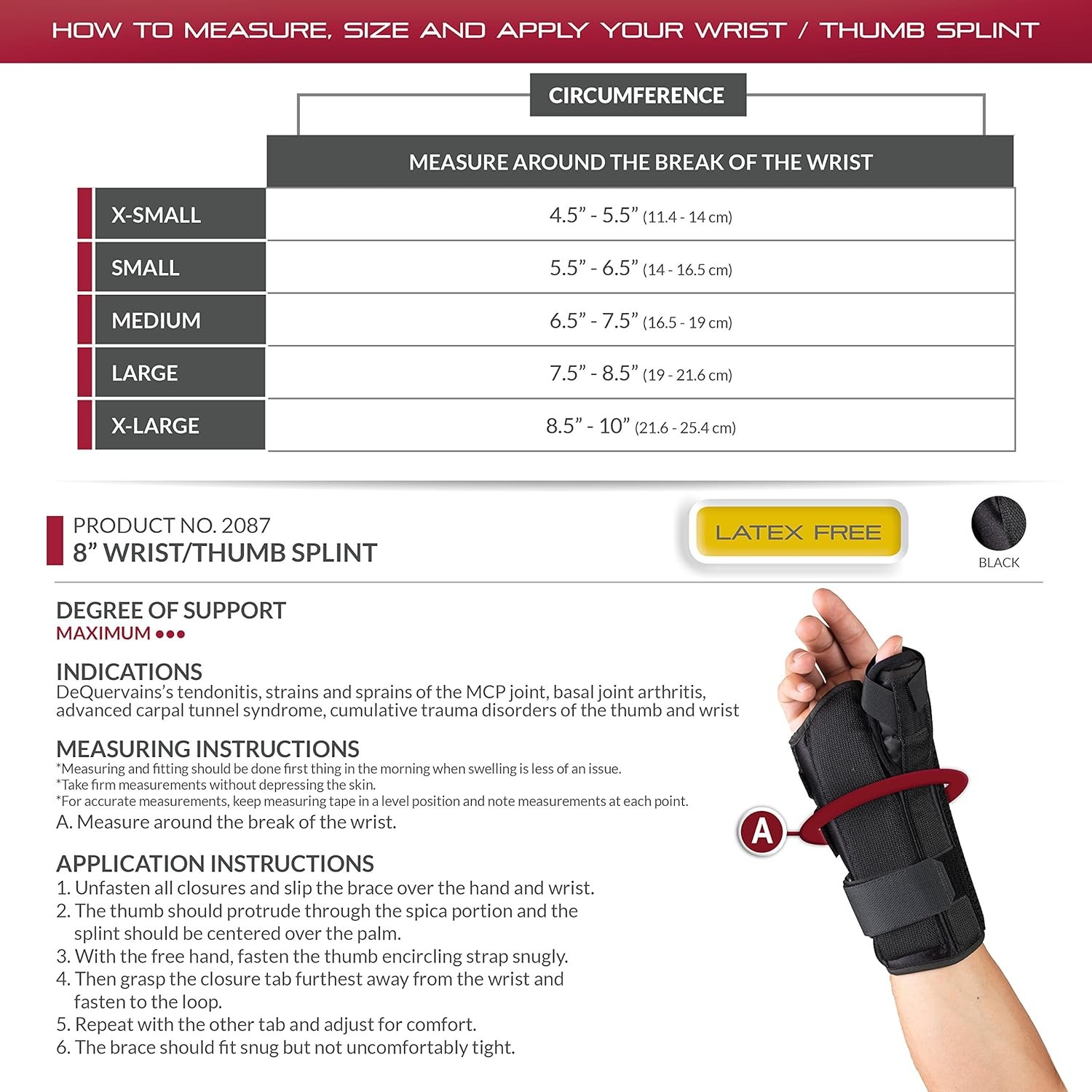 OTC Lightweight Breathable 8 inch Wrist/Thumb Splint/Spica Left X-Small