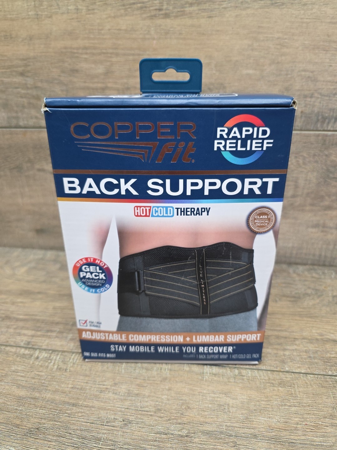 Copper Fit Rapid Relief Adjustable Back Support Wrap w/ Gel Pack Black One Size