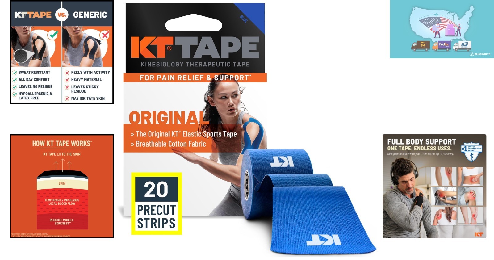 Elastic Kinesiology Tape for Muscles – 20 Pack, 10″ Blue Strips, Non-restrictive