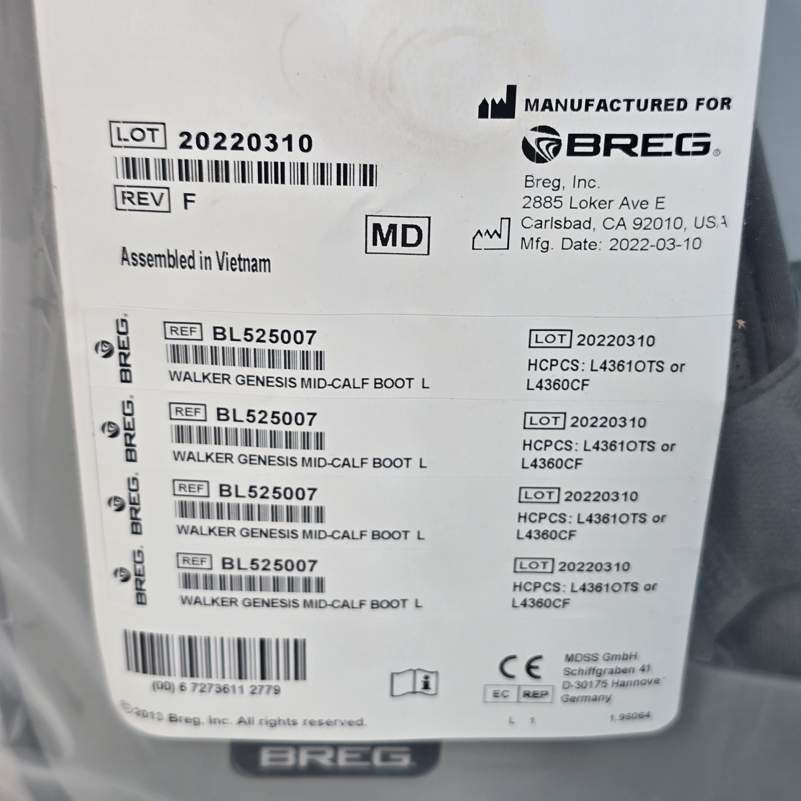 New Breg BL525007 Walker Genesis Mid-Calf Boot 3 Strap Size Large L LG