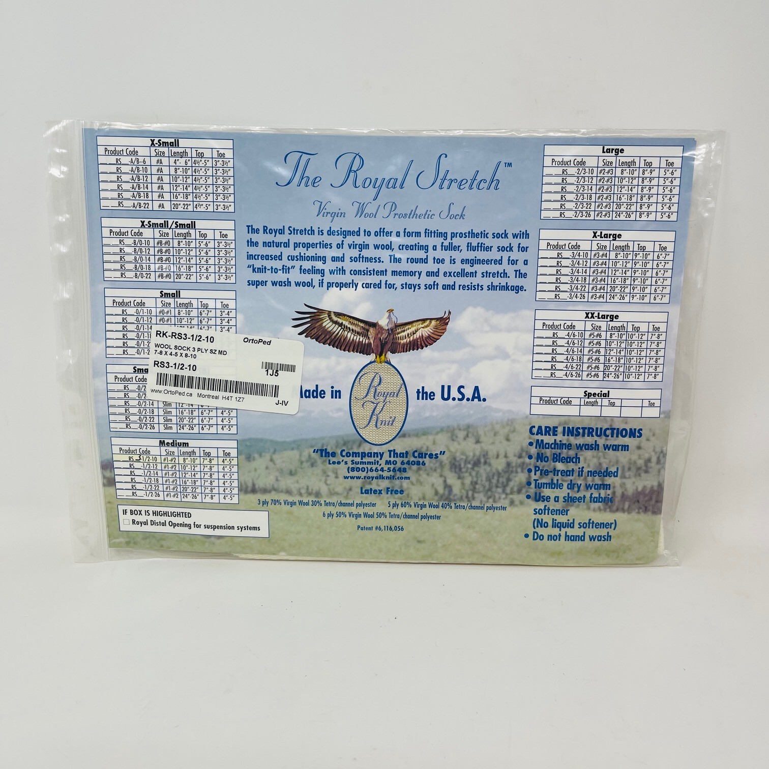 Royal Knit Prosthetic Sock Virgin Wool RK RS3 1/2 10 Medium 3Ply Latex Free NEW