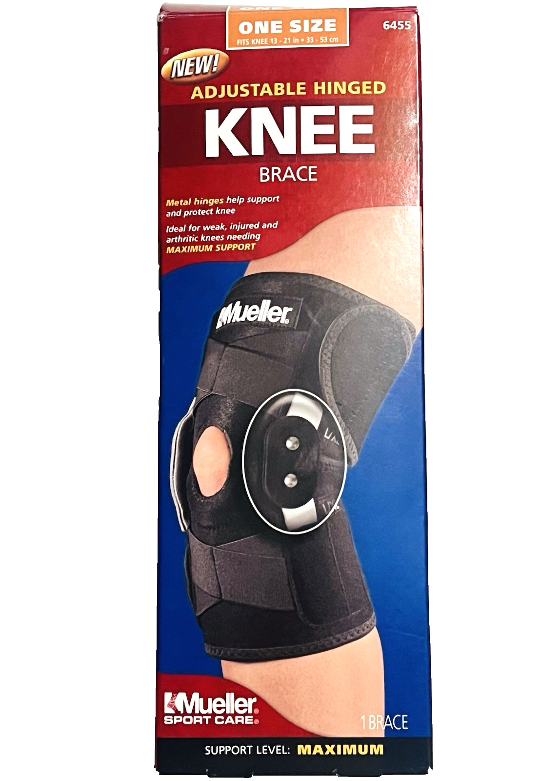 MUELLER SPORT CARE ADJUSTABLE HINGED BLACK KNEE BRACE ONE SIZE FITS MOST 13”-21”