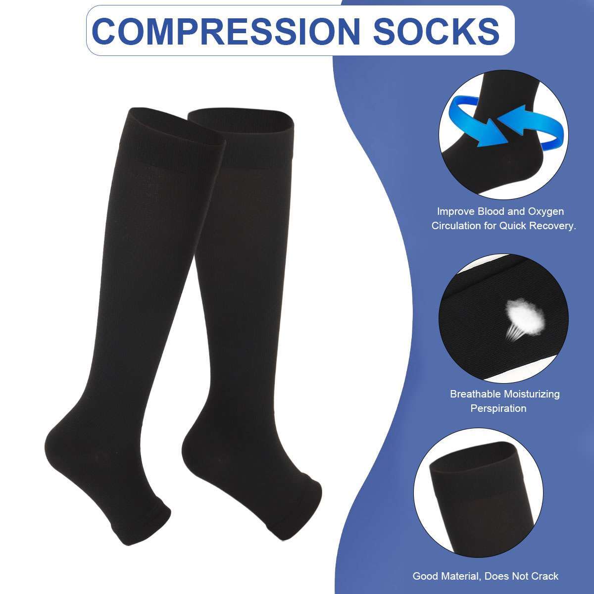 2 Pairs Open Toe Below The Knee Socks For Men Women 15-20 mmHg Compression Socks