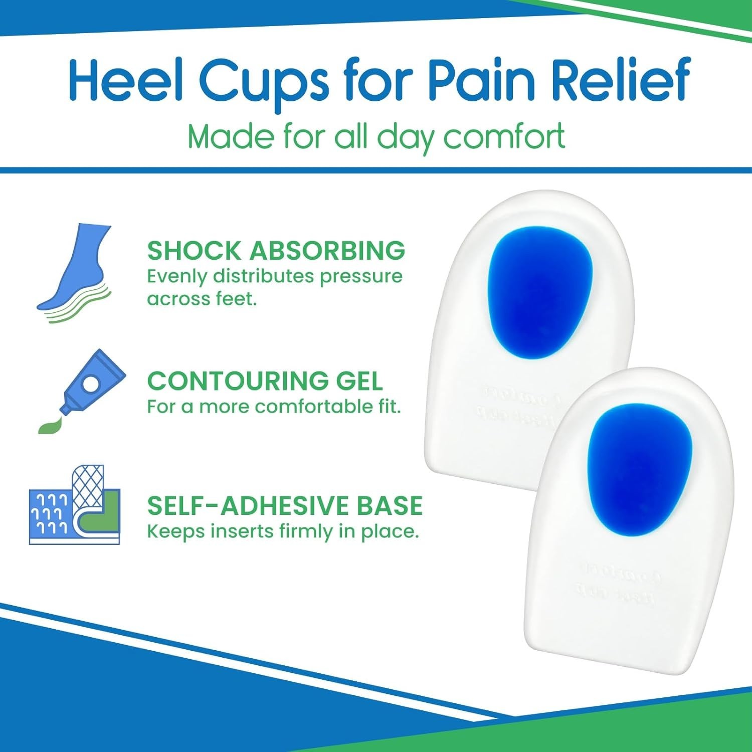 Gel Heel Cups – Silicone Cushion Inserts for Plantar Fasciitis Relief, Blue, S/M