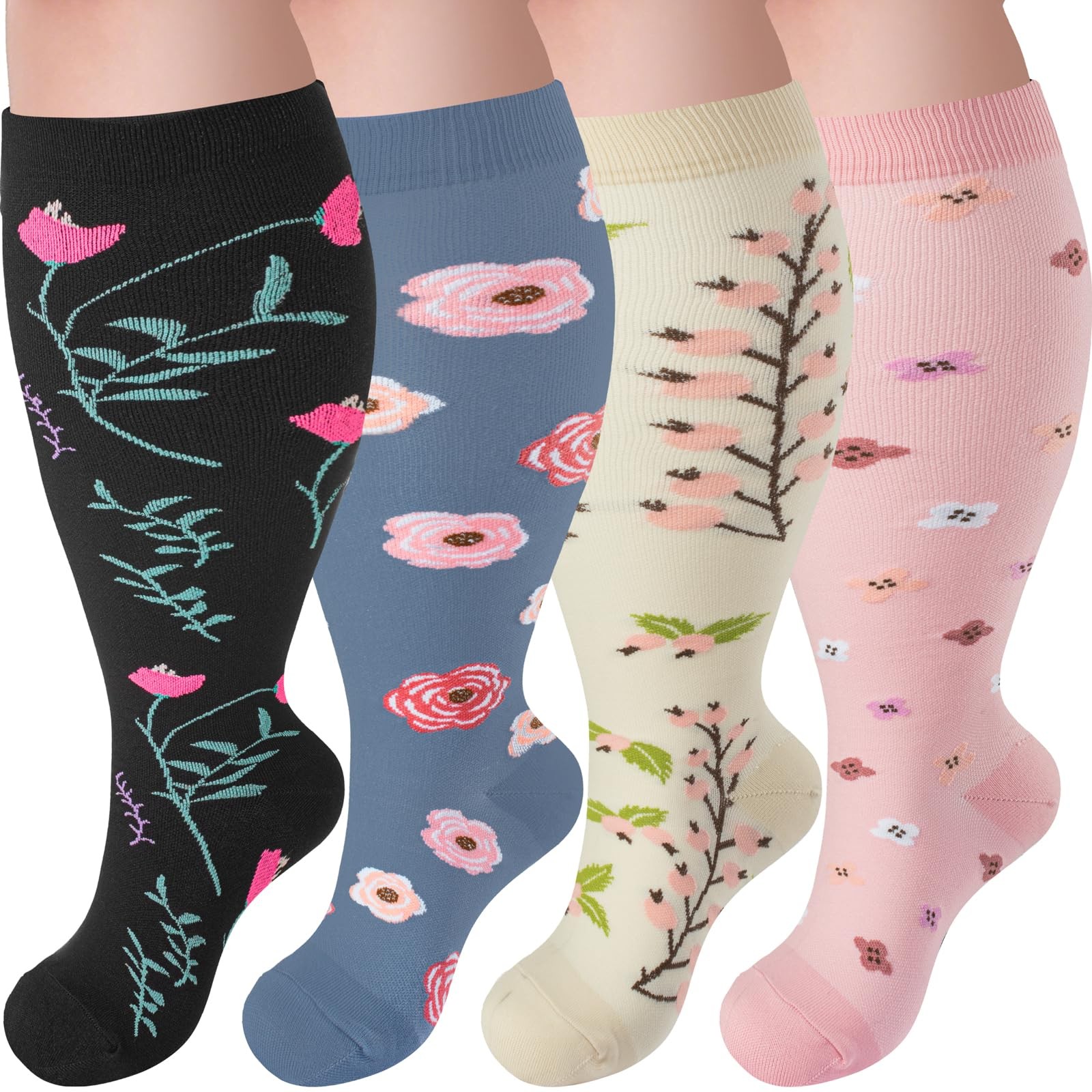 4 Pairs Plus Size Compression Socks,Extra Wide Calf 20-30 mmHg Knee High Comp…