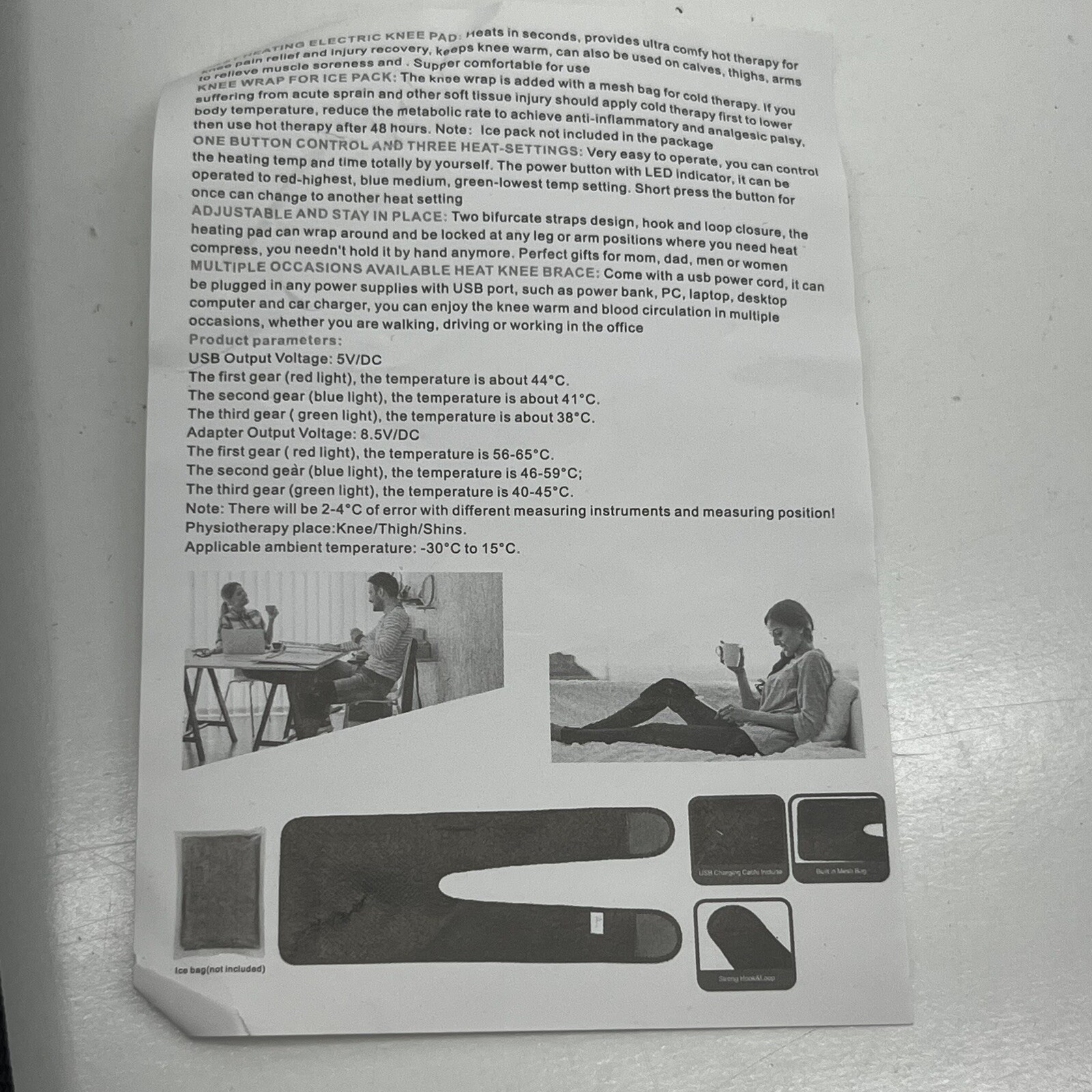 Black Hook & Eye Heating Pad Knee Brace Unisex Adult One Size NEW