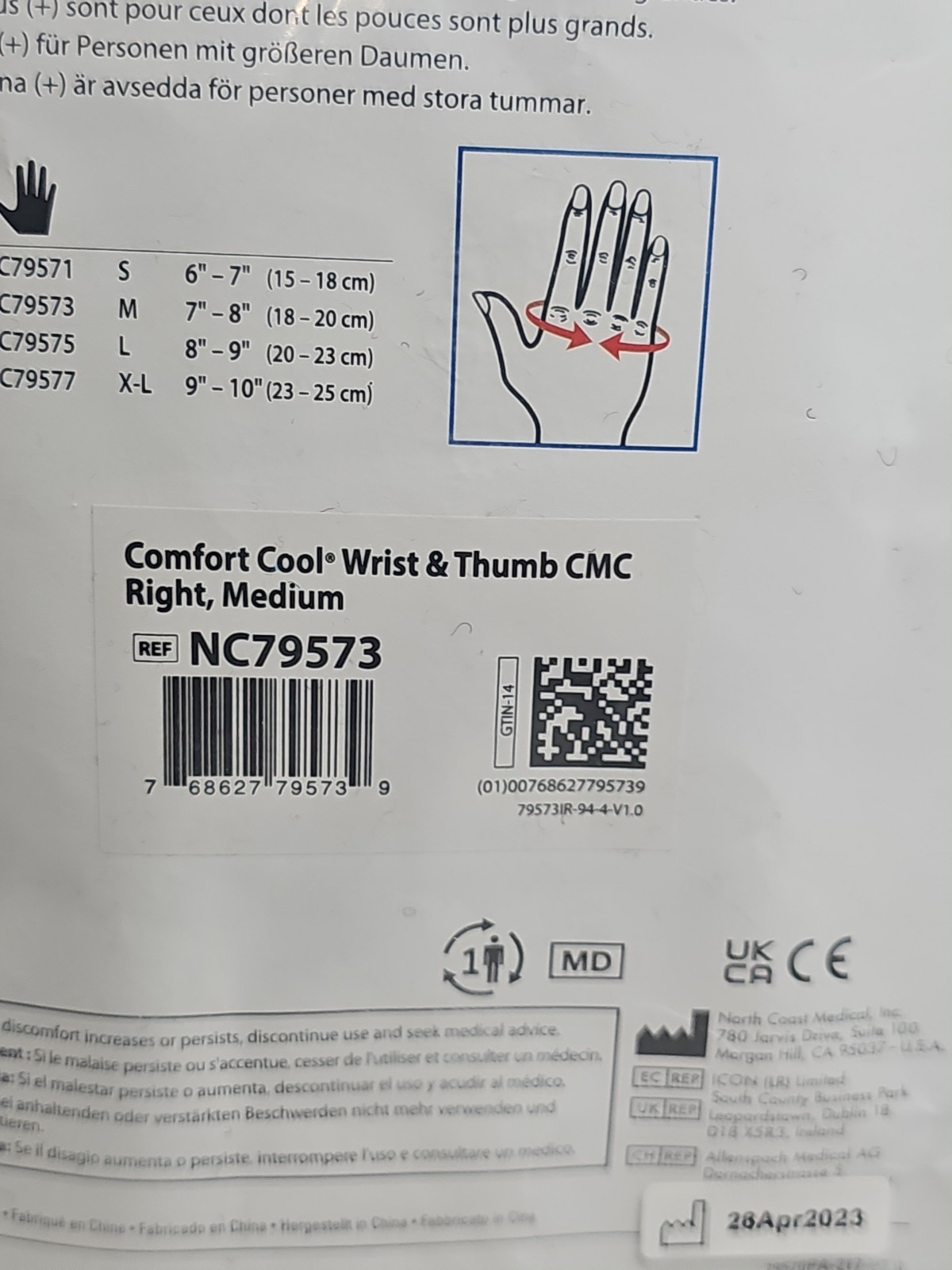Comfort Cool Thumb Restriction Splint Right Medium NC79573 Black