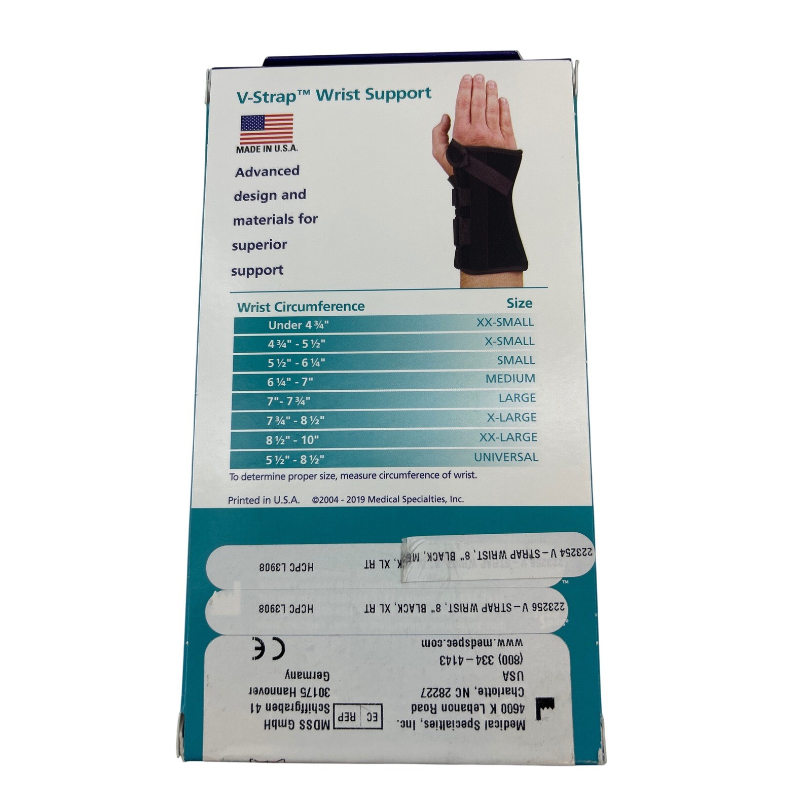 Med Spec V-Strap Wrist Support 8 Inch Black XL Right Hand 223256 New Sealed