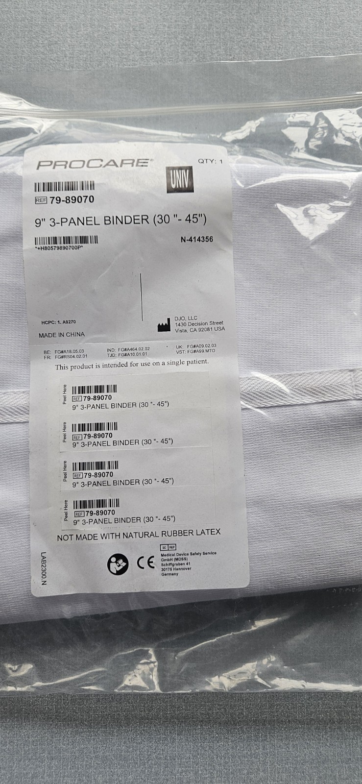 Procare Premium Panel Elastic Binder – 9″ 3-Panel – Universal – 30-45″, New