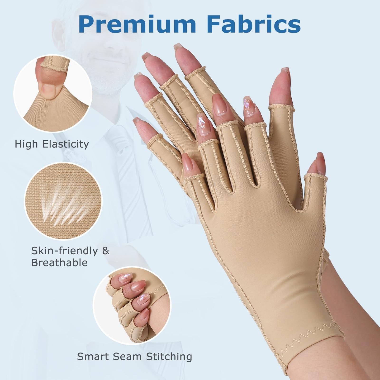 NURCOM Compression Arthritis Gloves, Open Finger, Beige M | Carpal Tunnel, Tendi