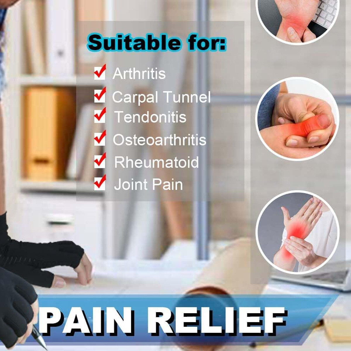 Copper Arthritis Compression Gloves Hand Support Joint Pain Relief Anti-Slip