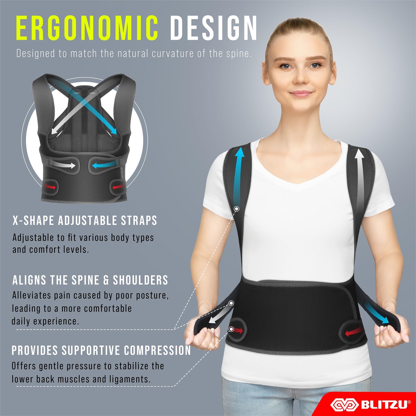 BLITZU Back Brace Posture Corrector for Women and Men. X-Large, Black