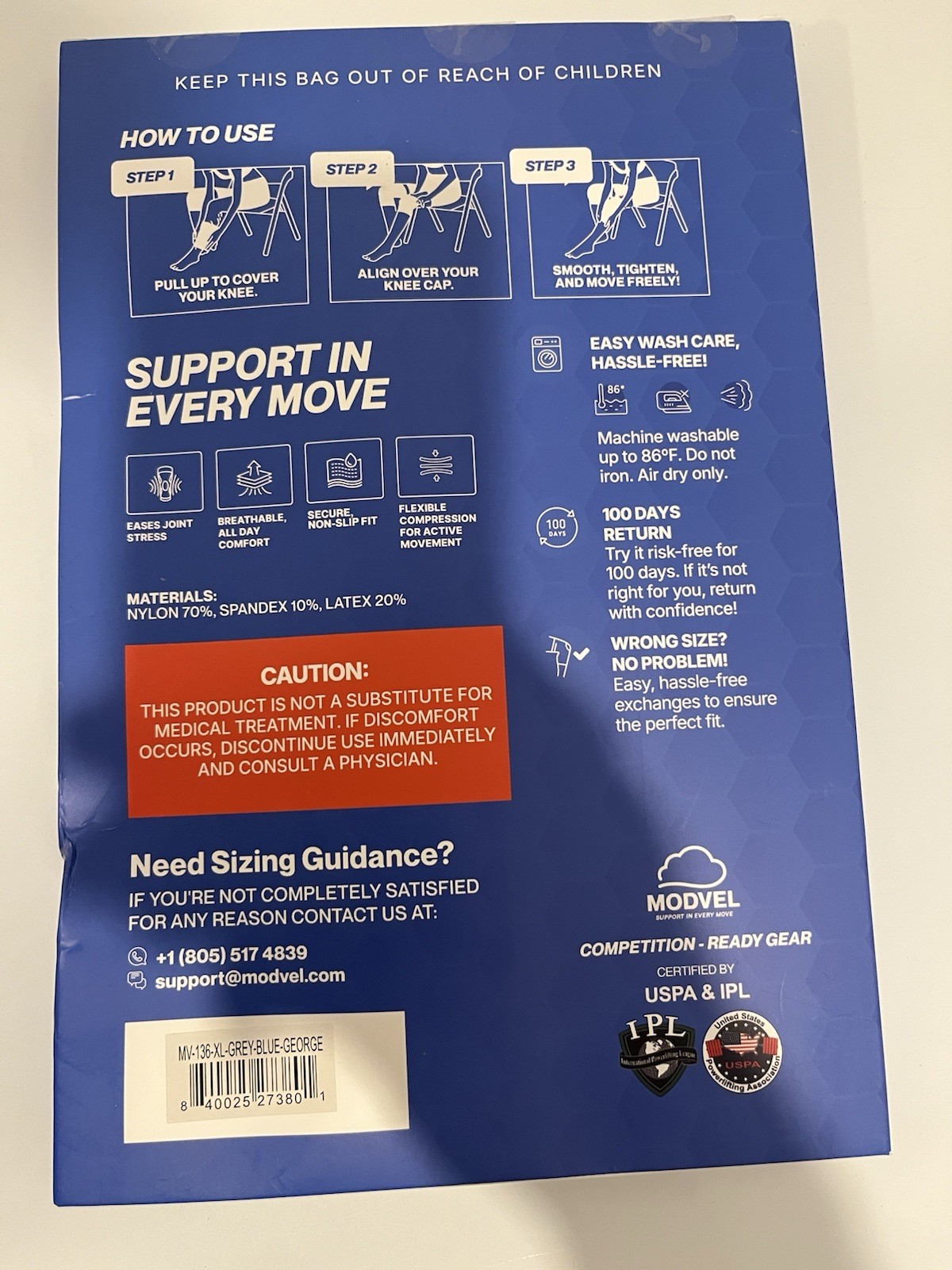 Modvel Knee Brace Pair XL Compression Breathable Non-Slip Flexible Grey Blue