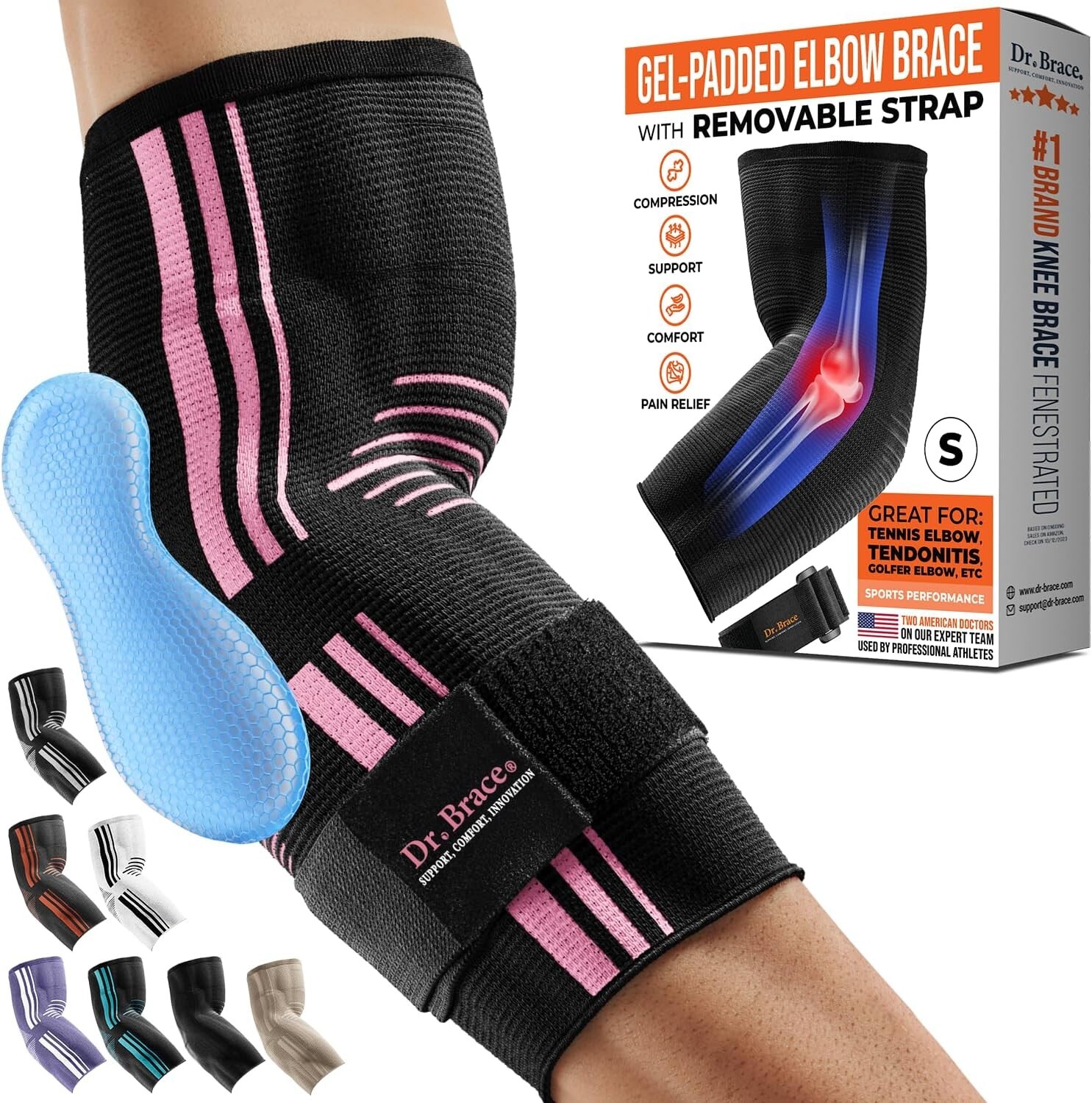 Dr. Brace ELITE Elbow Brace Support, Compression Sleeve Small Black/Pink New