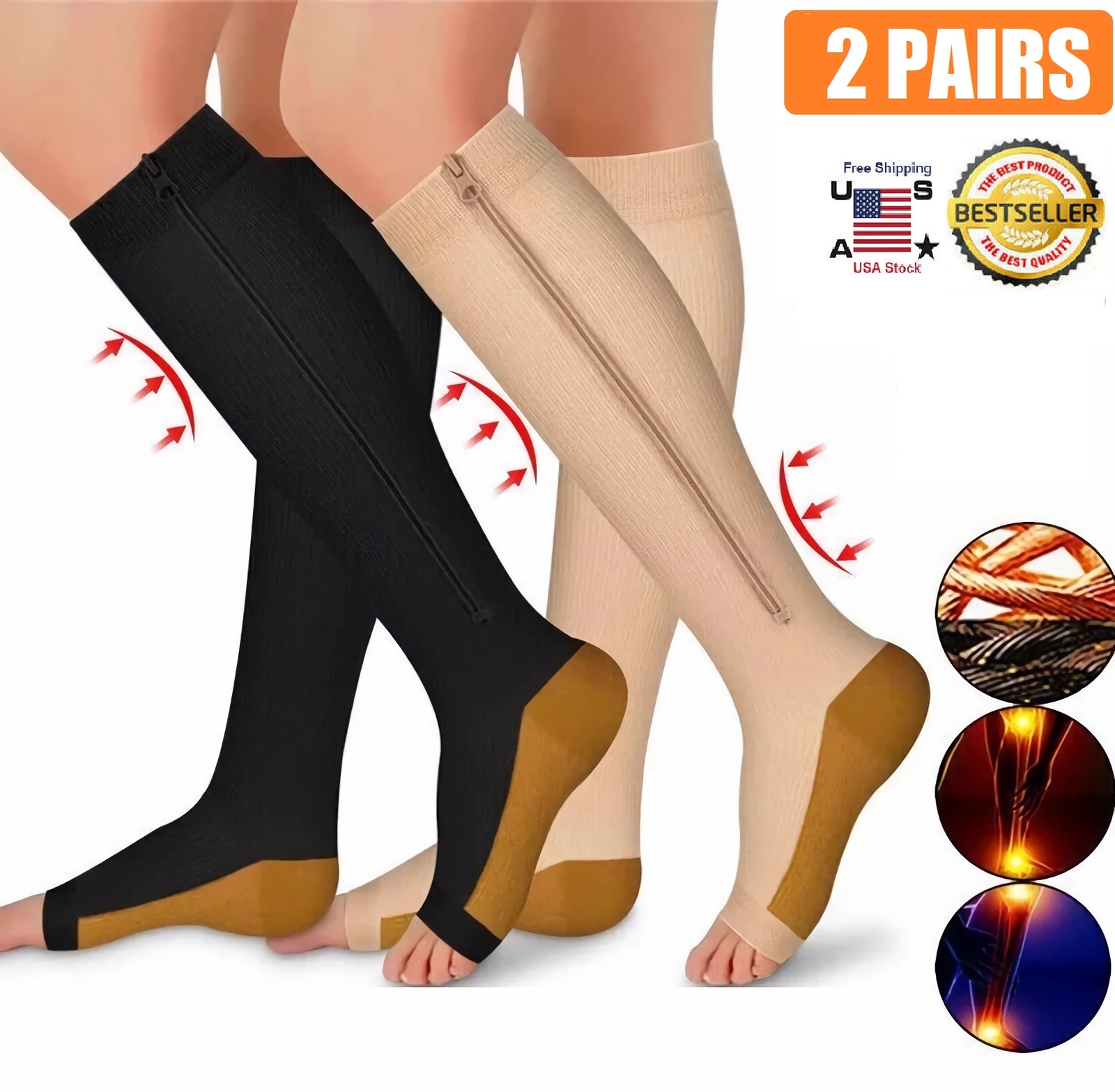 2 PAIRS Zip Up open Toe Compression Zipper Socks Calf Support Stocking Men Women