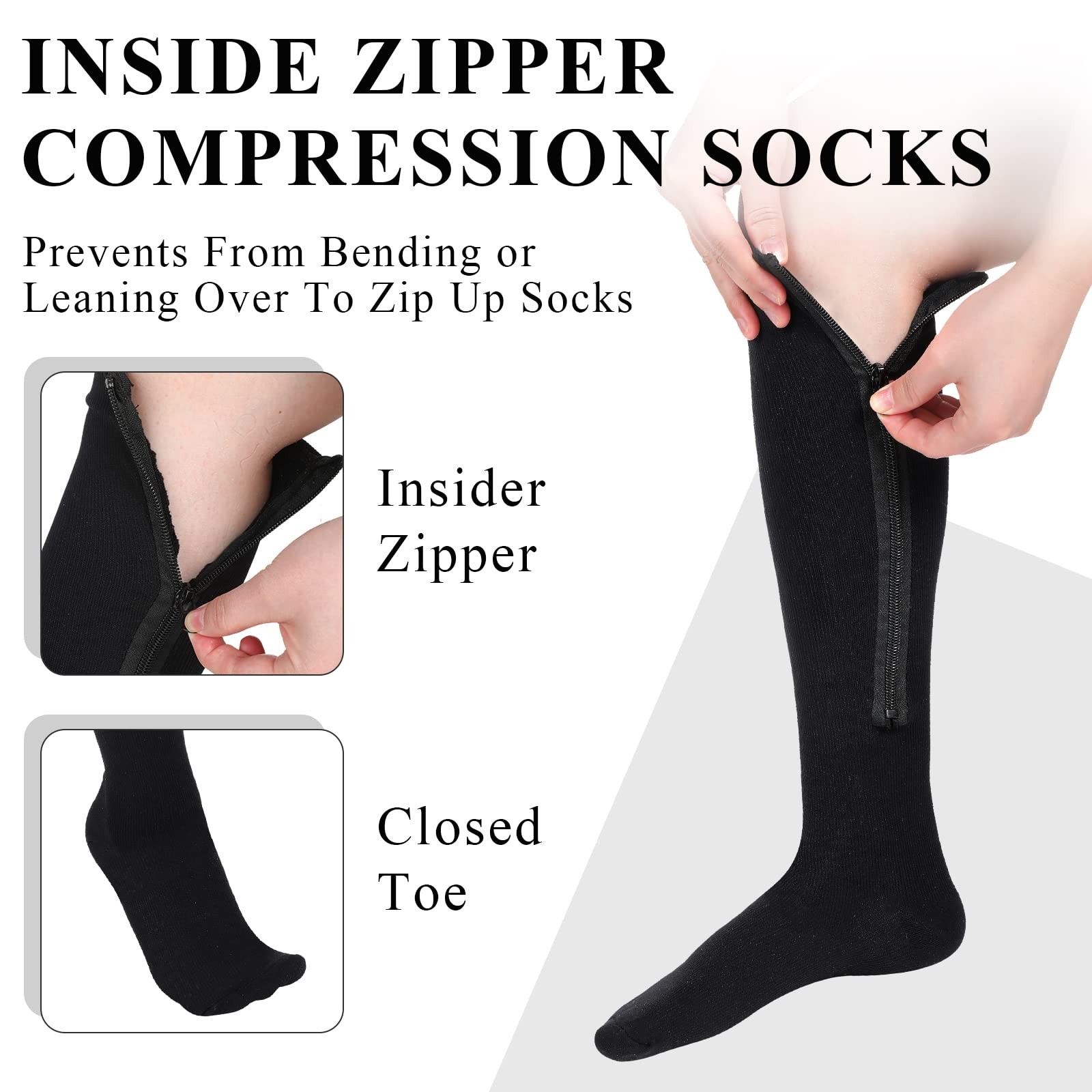 Tarpop 4 Pair Zipper Compression Socks Closed Toe 20-30 Mmhg Large, Black