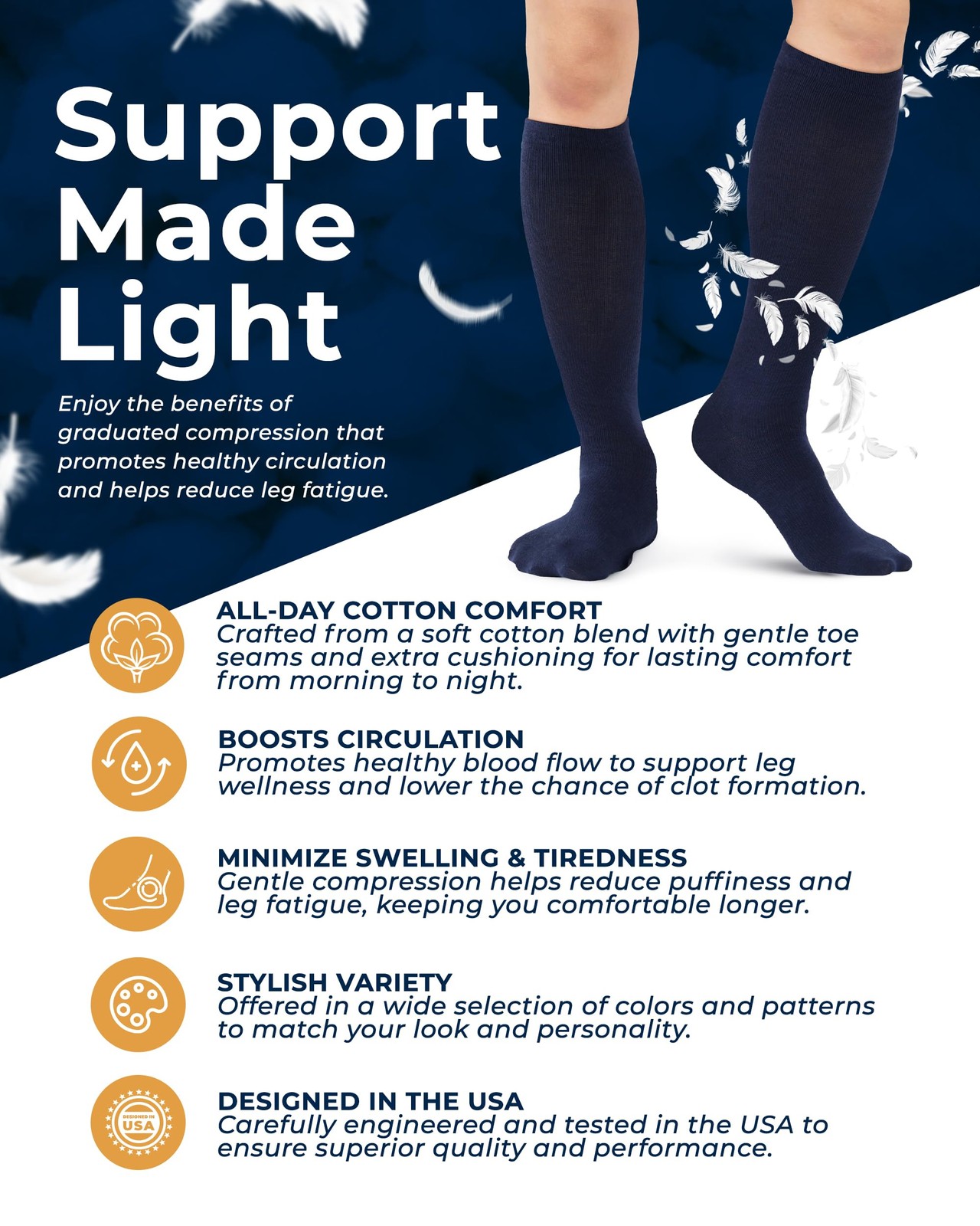 Pembrook Cotton Light Compression Socks for Women & Men – 3 Pairs | 8-15 mmHg