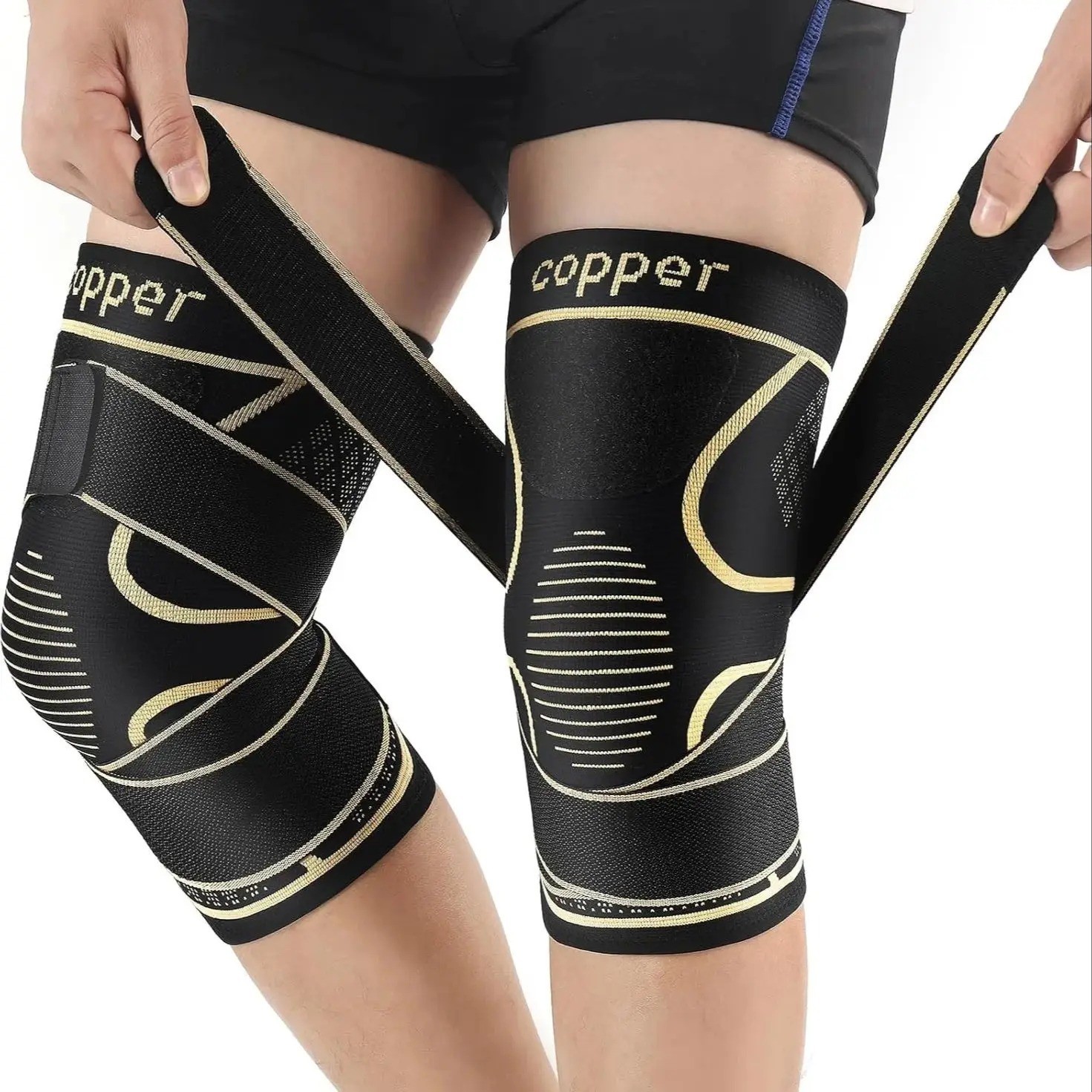 Copper Knee Compression Sleeve Brace with Strap Men Women Adjustable