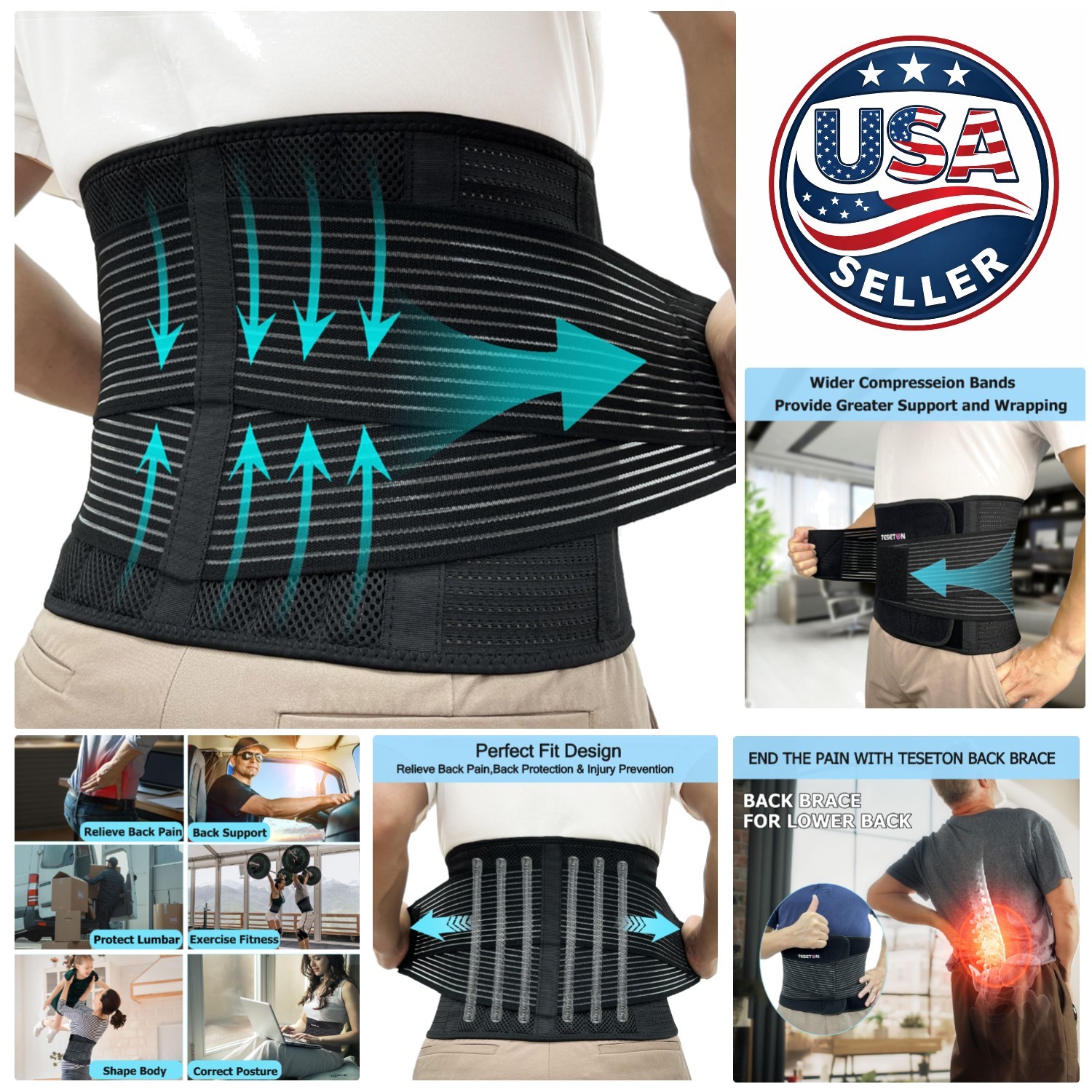 Adjustable Lumbar Support Back Brace for Pain Relief – 8 Reinforced Bones, Large