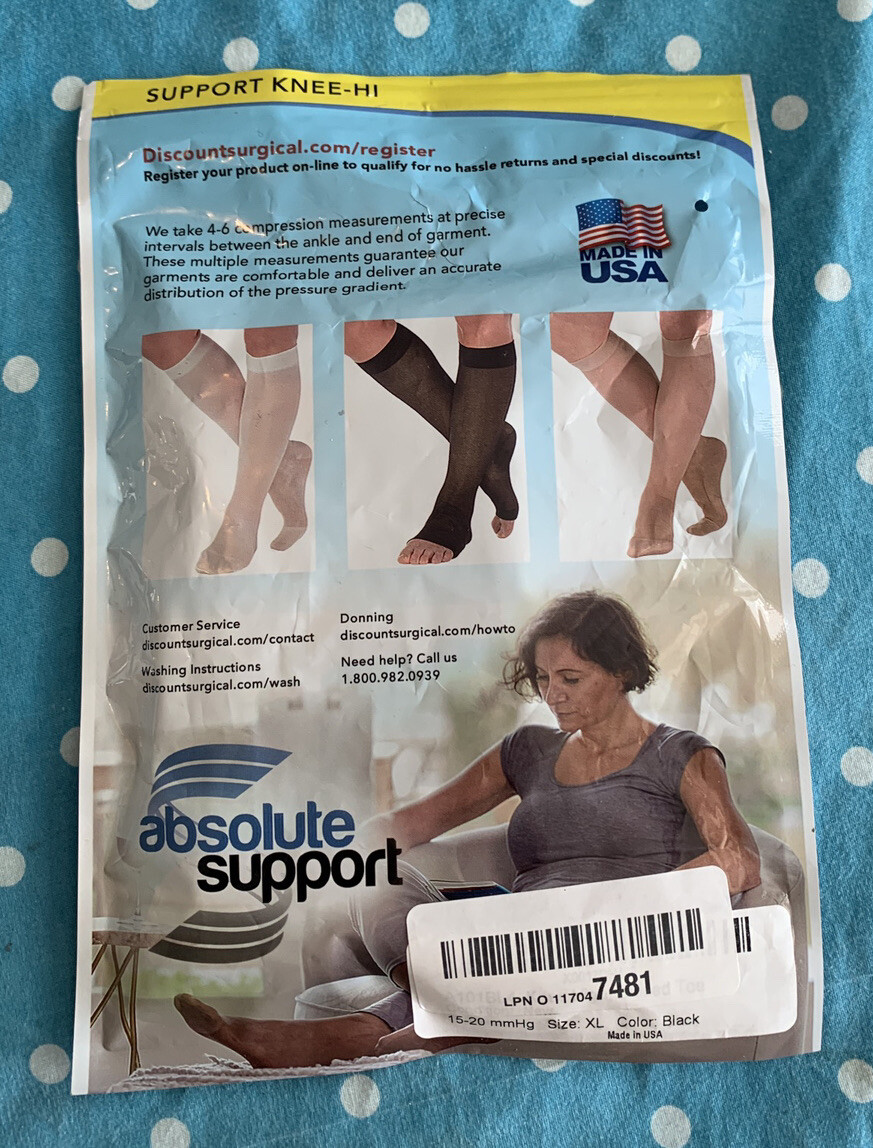 Absolute Support Support Knee Hi Compression Sock Hose Black XL Made in USA