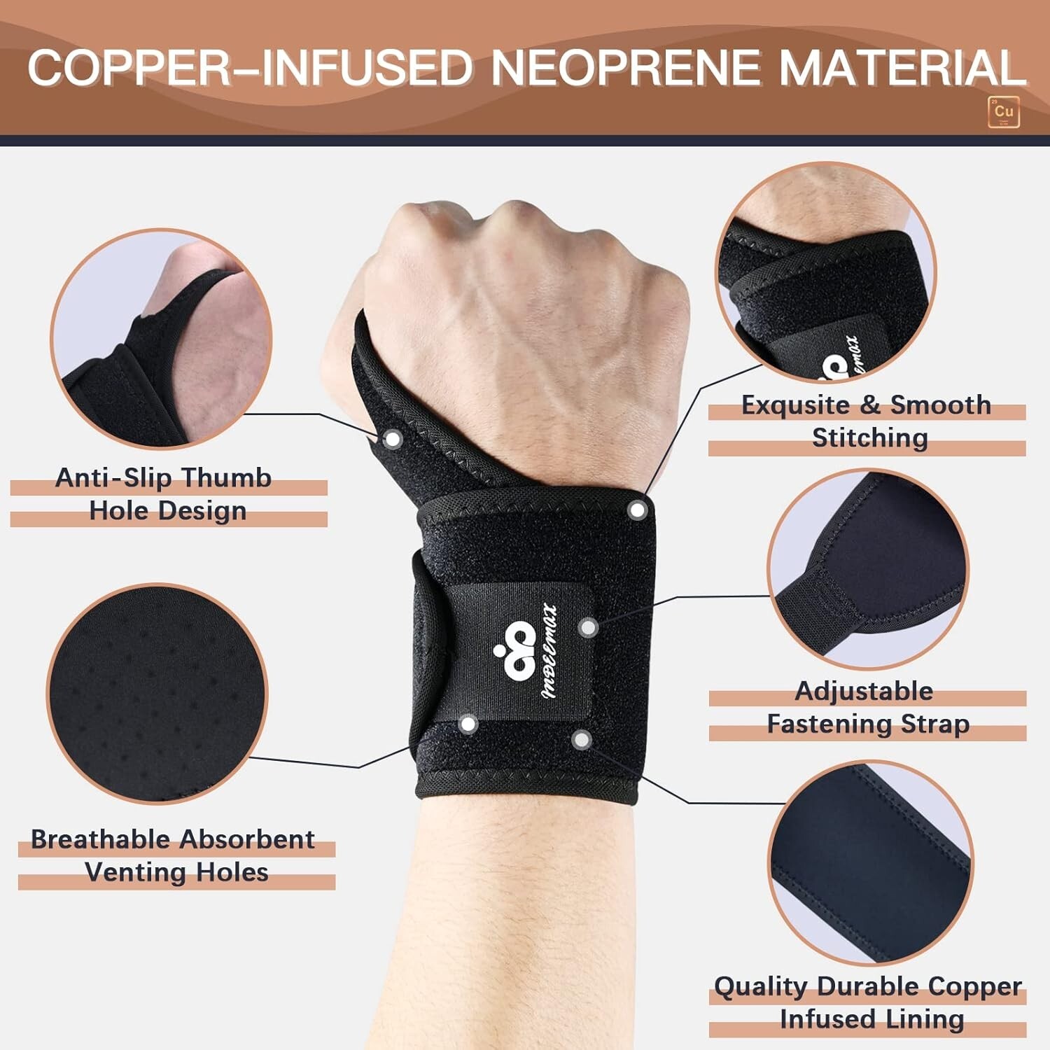 2 Pack Adjustable Copper Wrist Brace for Carpal Tunnel & Arthritis Pain Relief