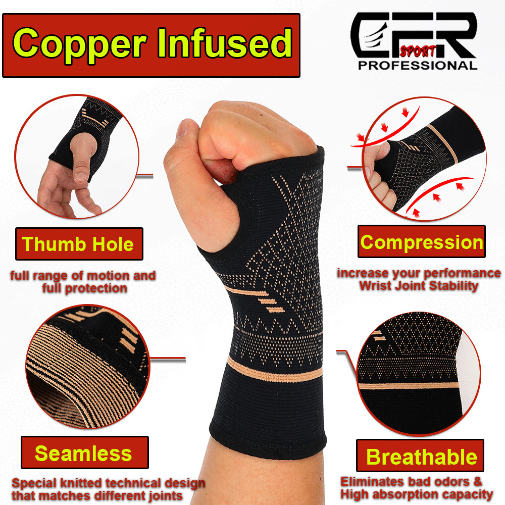Copper Wrist Hand Support Brace Splint Carpal Tunnel Sprain Arthritis Sports SML