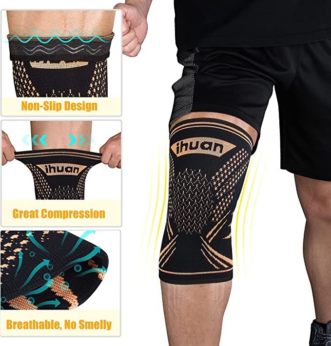 2 Pack Copper Knee Braces Knee Compression Sleeves for Knee Pain, Injury Recove