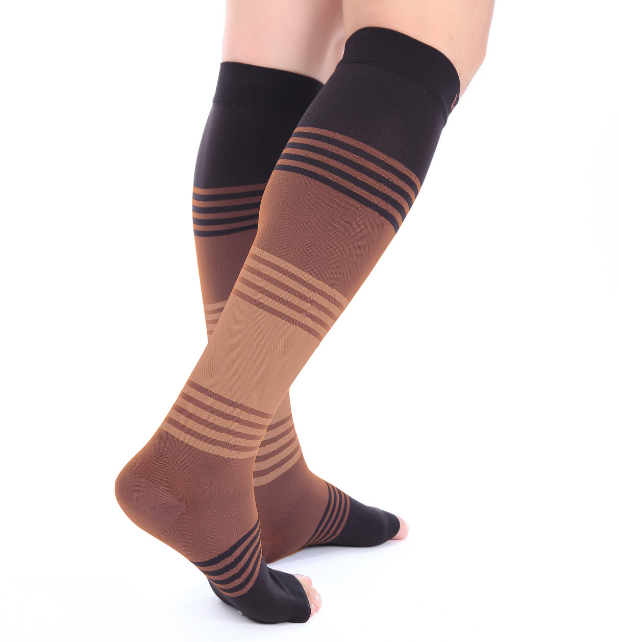 Doc Miller Open Toe Socks Compression Sleeve 20-30 mmHg Varicose Veins BLACK/TAN