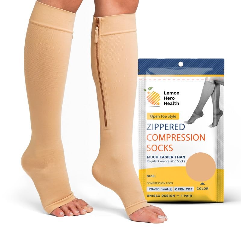 Zipper Compressions Socks Toe 20-30 mm Stockings Diabetics Use–XL, Beige 1 Pair