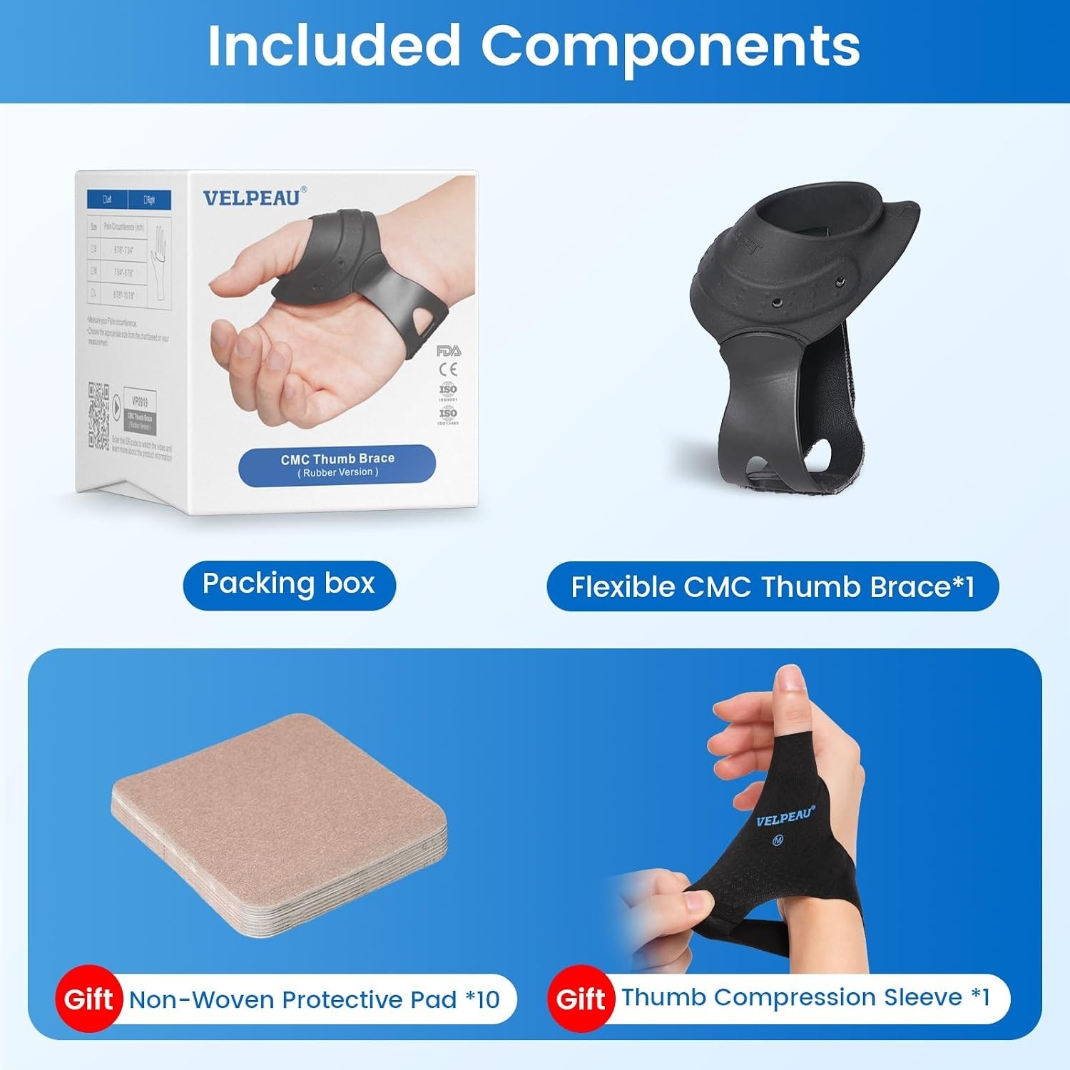 Velpeau Flexible CMC Thumb Brace (Right Hand – Small)Durable Rubber Thumb Splint