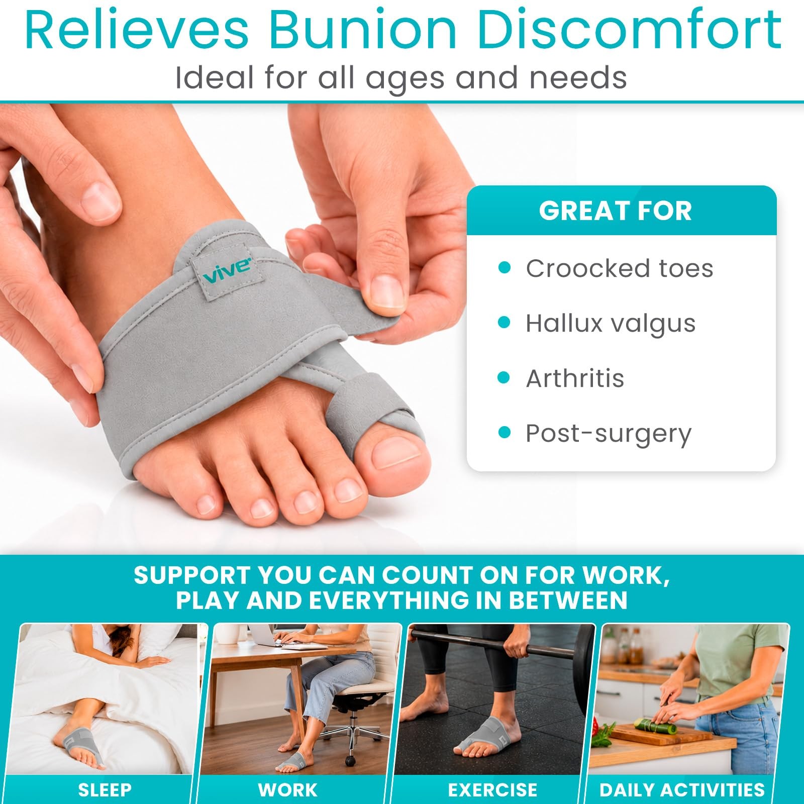 Vive Bunion Brace (Pair) – Big Toe Corrector 1 Count (Pack of 1), Gray